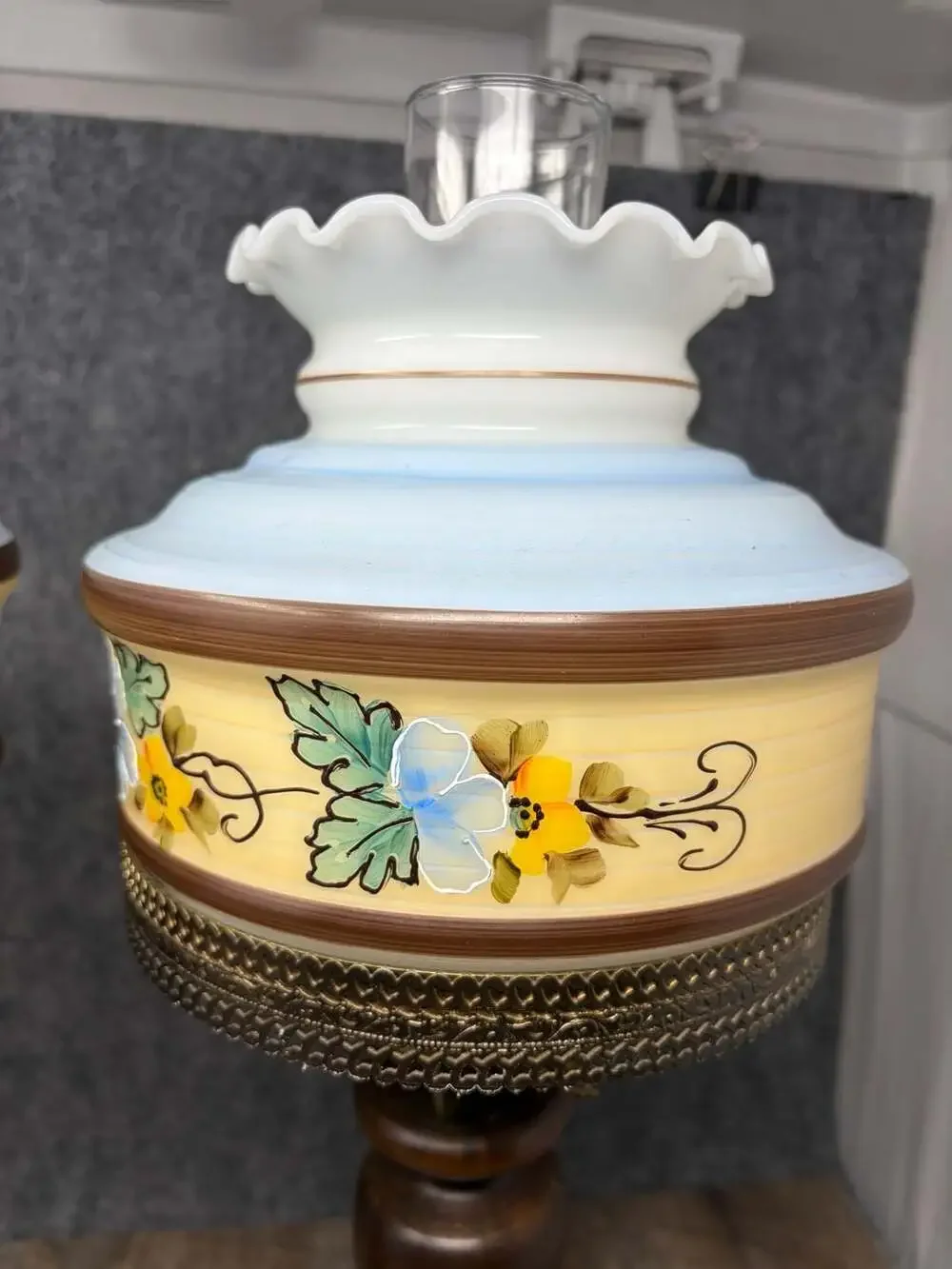 VTG MCM Hand Painted Floral Glass Hurricane GWTW  Table Lamps Turned wood base